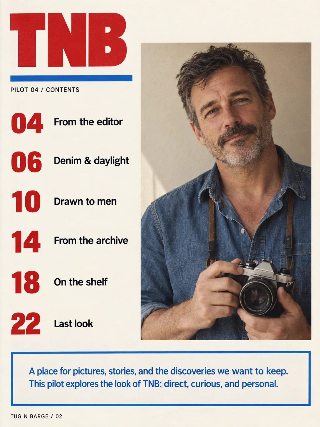 TNB contents-page study with red folio numbers beside a portrait of a man holding a camera.