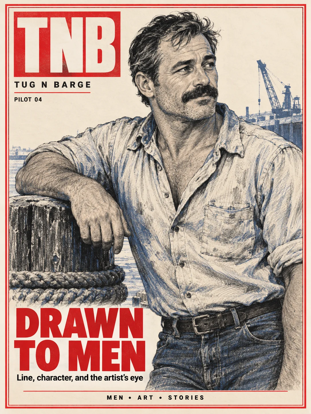 Drawn to Men cover study with a line illustration of an adult man at a dock.