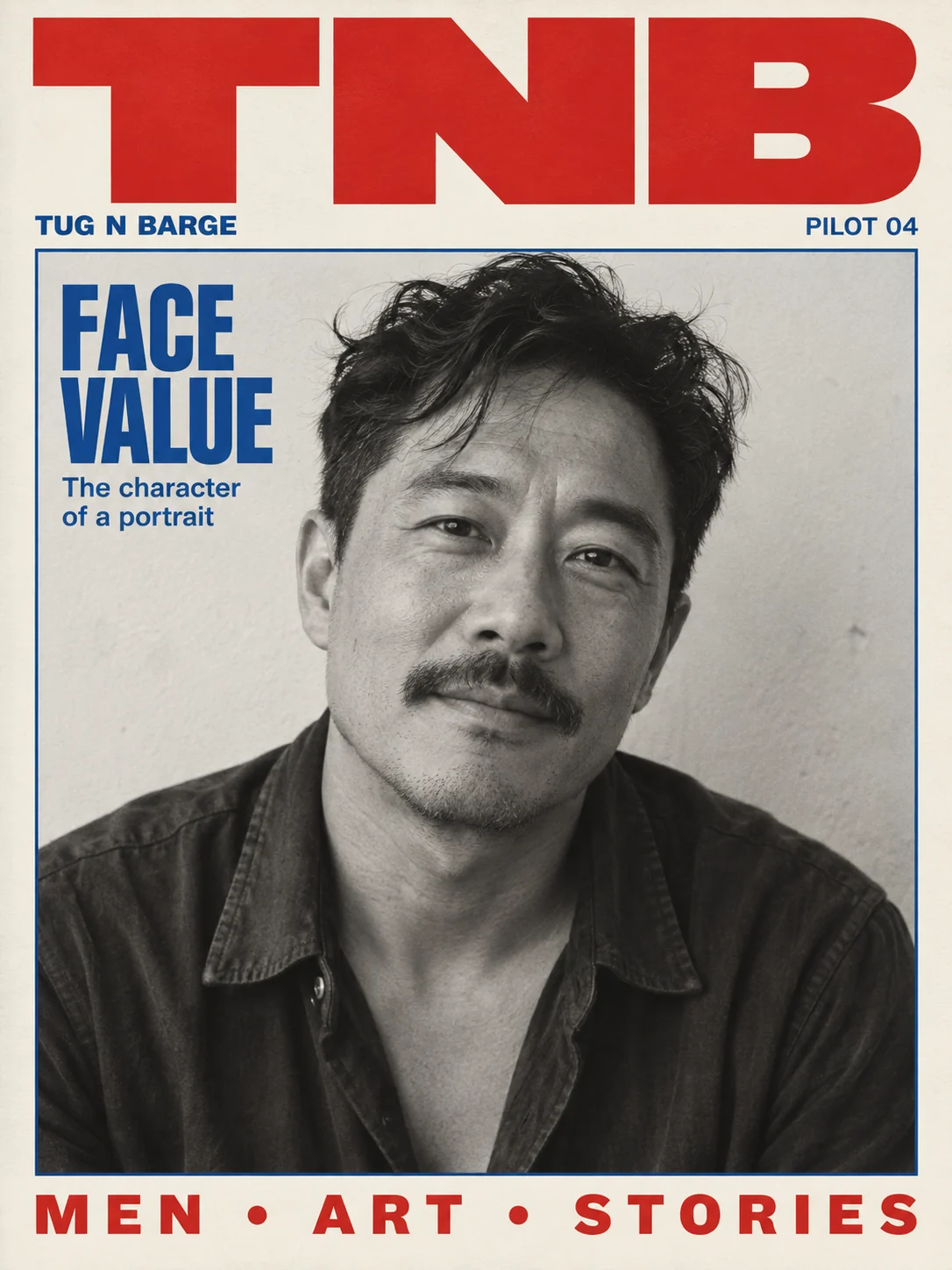 Face Value TNB cover study with a large red masthead and framed black-and-white male portrait.
