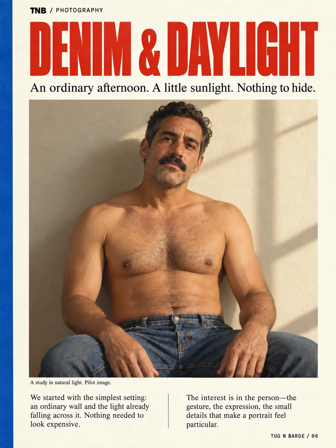 Fictional adult man, shirtless in jeans, seated in warm afternoon light.